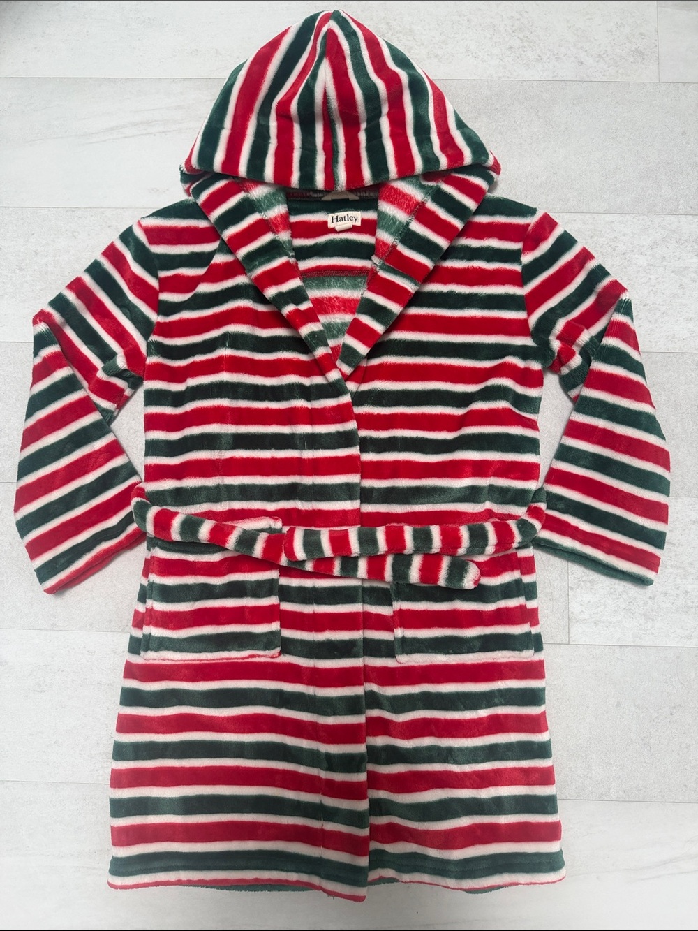 Hatley Hooded Plush Robe in Red, Green & White Stripes